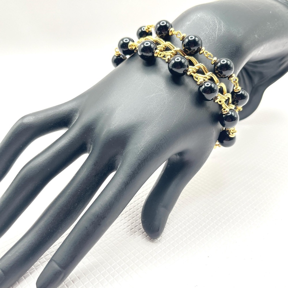 Vintage NAPIER Multi Strand Gold Tone and Black Bead Chain Link Bracelet